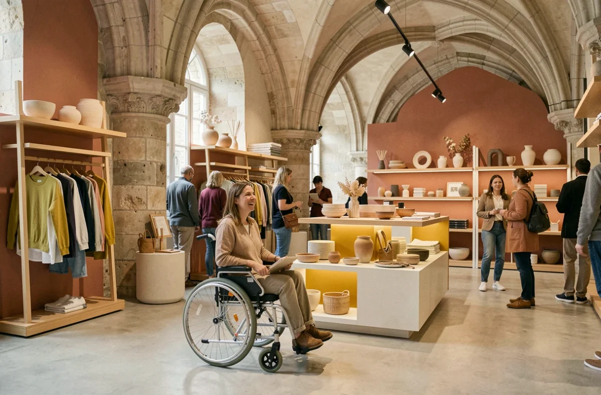 Intérieur de la boutique Accessible à Reims avec aménagement inclusif, racks adaptés, céramiques artisanales et cliente en fauteuil roulant