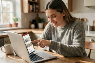 Femme cherchant des bonnes affaires sur une marketplace en ligne depuis son domicile