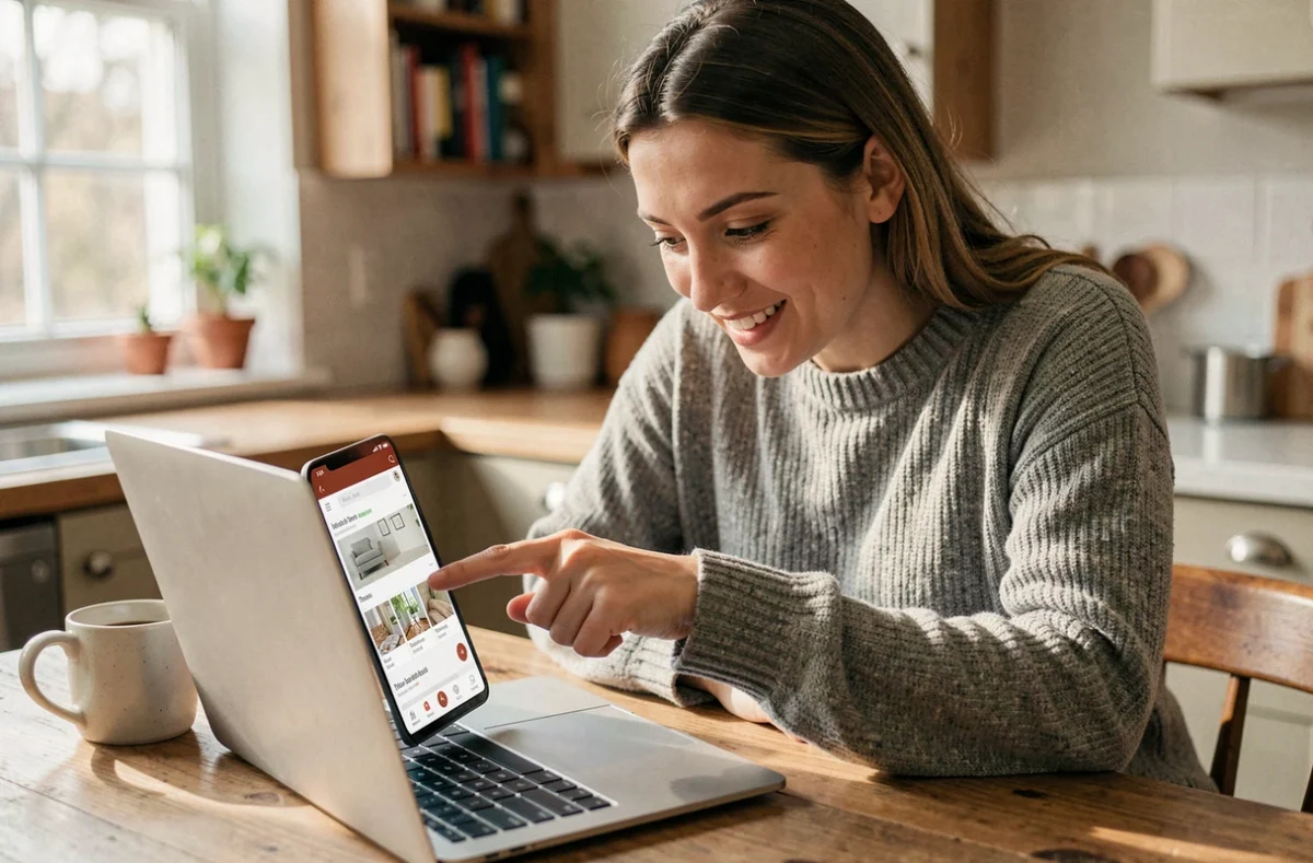 Femme cherchant des bonnes affaires sur une marketplace en ligne depuis son domicile