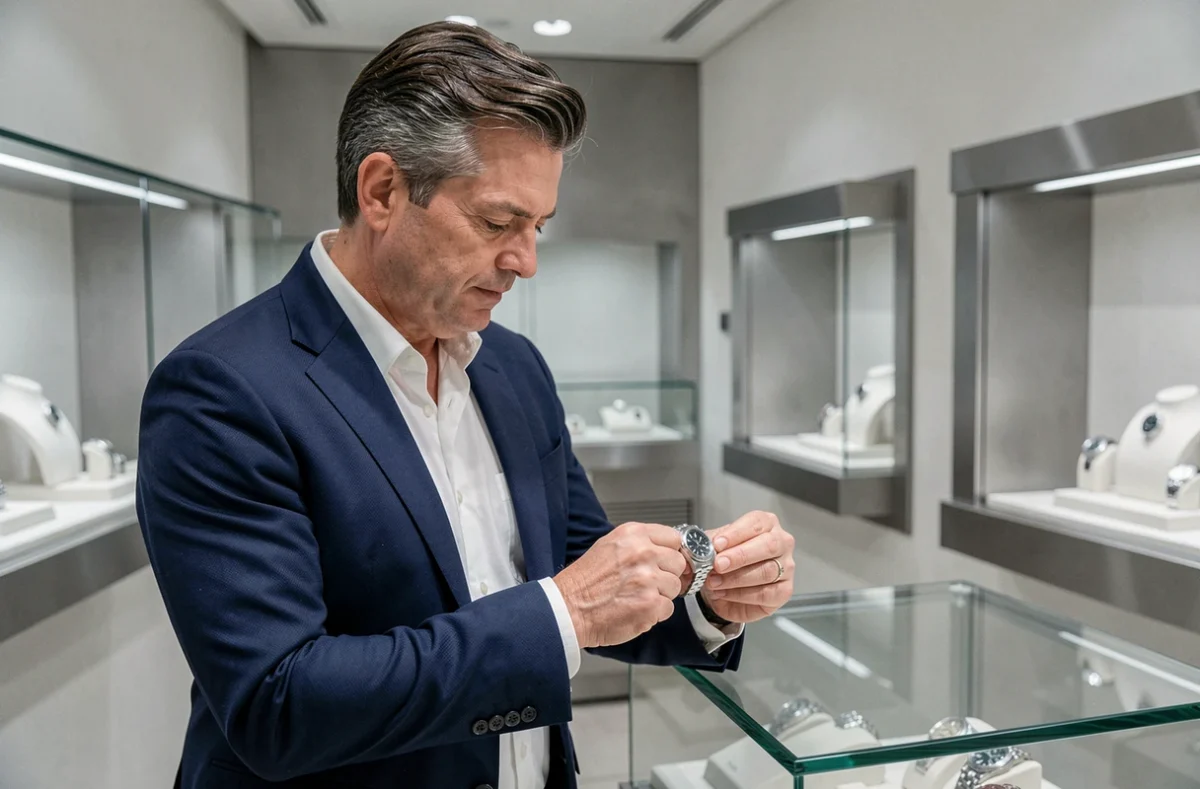 Homme en veste marine examinant une Rolex Daytona dans une boutique de montres de luxe