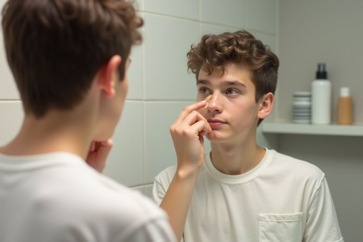 Adolescent appliquant du concealer dans un miroir de salle de bain