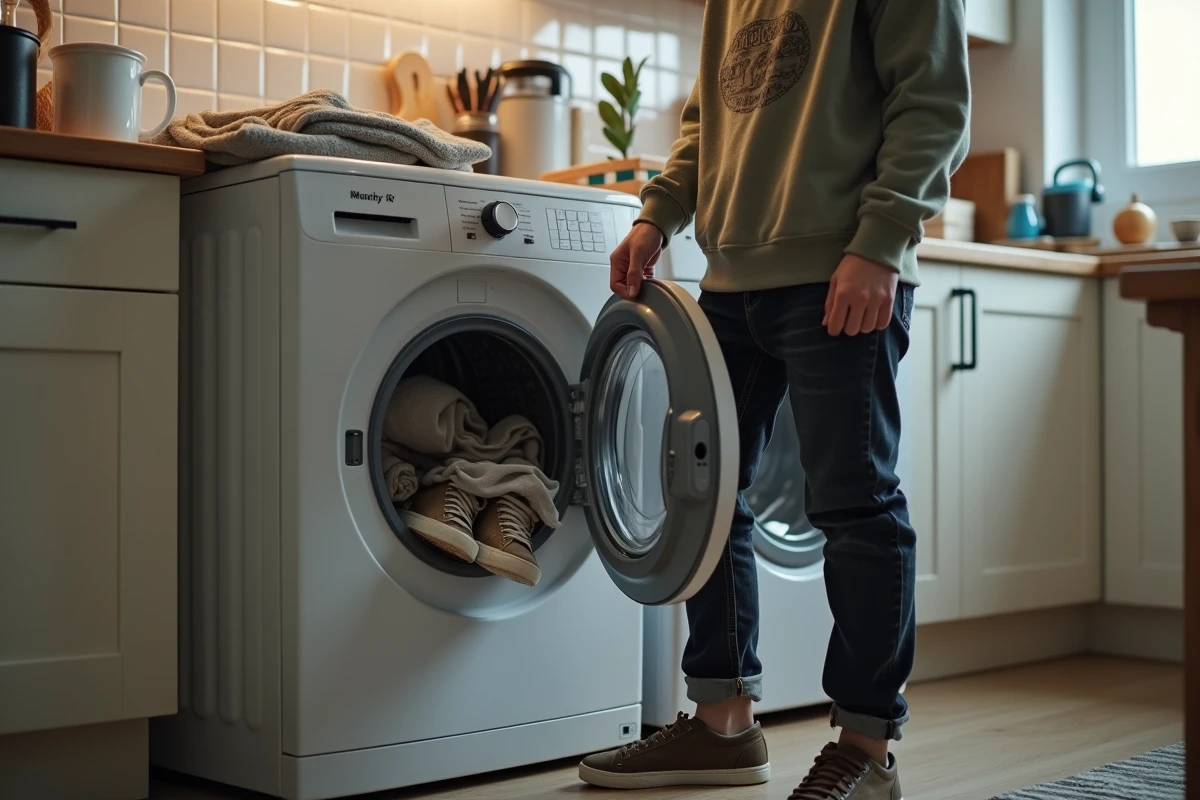 Adolescent chargeant des baskets sales dans la machine &agrave; laver en cuisine