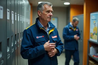 Agent La Poste en uniforme réglementaire dans un vestiaire de centre de tri postal