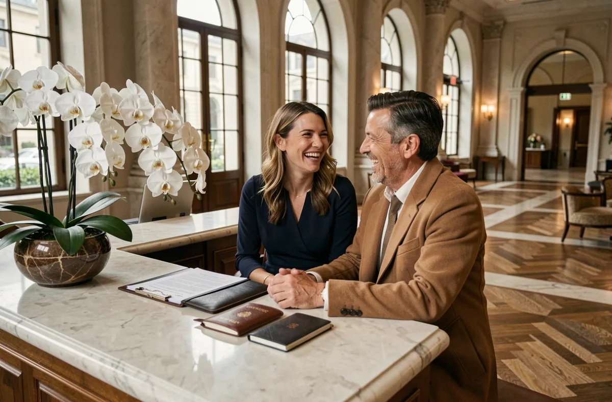 Deux amies élégantes consultant un itinéraire de voyage de luxe au comptoir d'un grand hôtel avec orchidées et sol en marbre