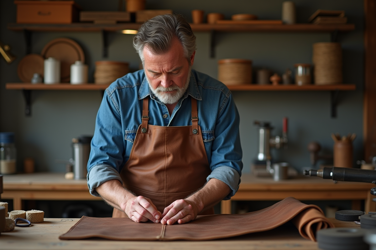 Homme moyen âge travaillant le cuir dans un atelier rustique