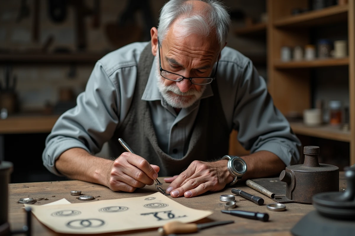 Artisan bijoutier gravant une chevalière en argent personnalisée pour un mariage dans son atelier traditionnel