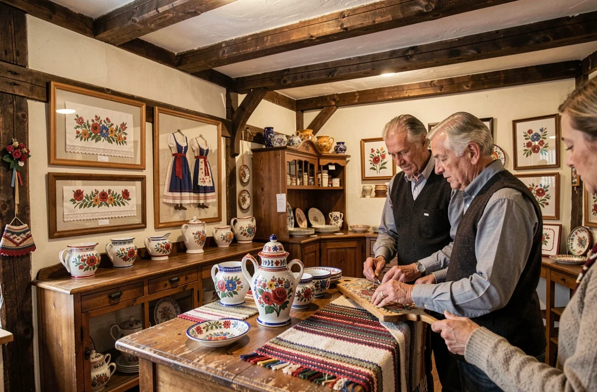 Intérieur d'Arts et Créations à Haguenau avec artisanat alsacien traditionnel, faïence peinte, broderies encadrées et boiseries dans une maison à colombages