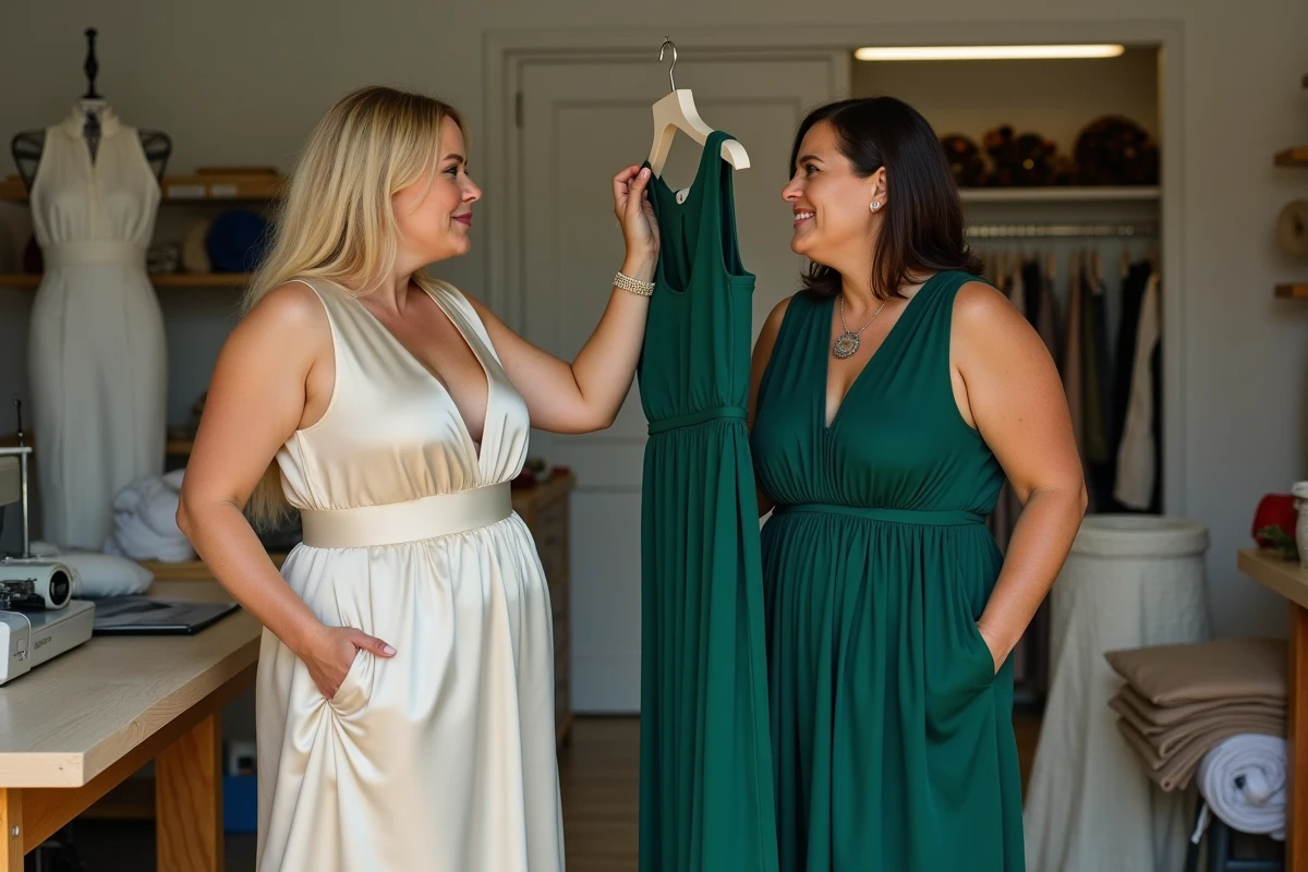 Deux femmes grande taille comparant des robes trapèze dans un atelier de couture spécialisé