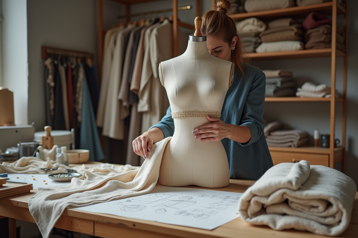 Créateur ajustant un mannequin en atelier de mode