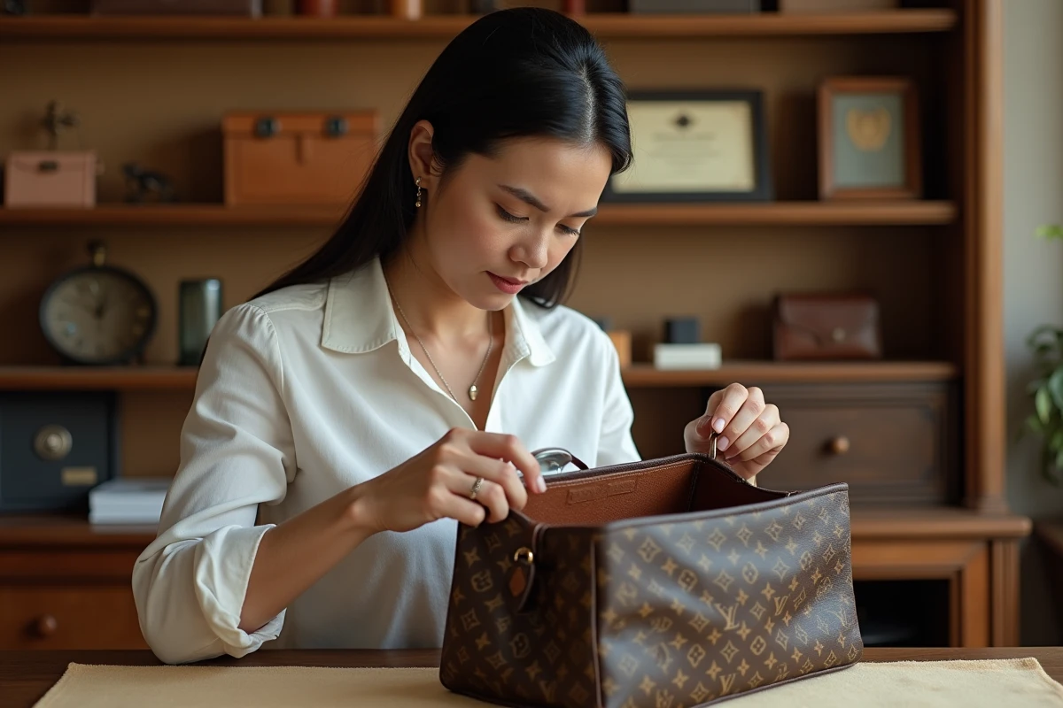 Femme expert authentifiant un sac Louis Vuitton en inspectant le numéro de série avec une loupe dans une boutique vintage