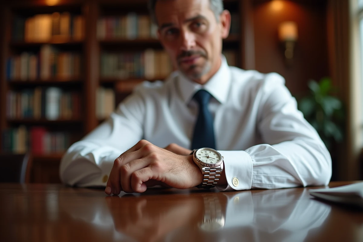 Homme examinant attentivement une montre Rolex Day-Date authentique sur son poignet dans un bureau élégant