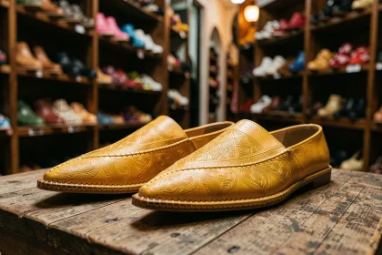 Paire de babouches traditionnelles marocaines pour homme en cuir jaune doré, exposées dans un souk de Marrakech avec des détails artisanaux visibles.
