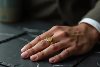 Main masculine portant une bague Cartier Love en or jaune sur ardoise sombre, gros plan macro sur les détails des vis gravées