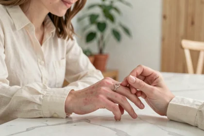 Femme aux doigts sensibles enfilant une bague cœur magnétique en matériau hypoallergénique sur une table en marbre blanc