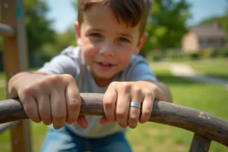 Jeune garçon portant une bague en acier inoxydable résistante lors d'une activité en plein air sur une structure de jeu en bois