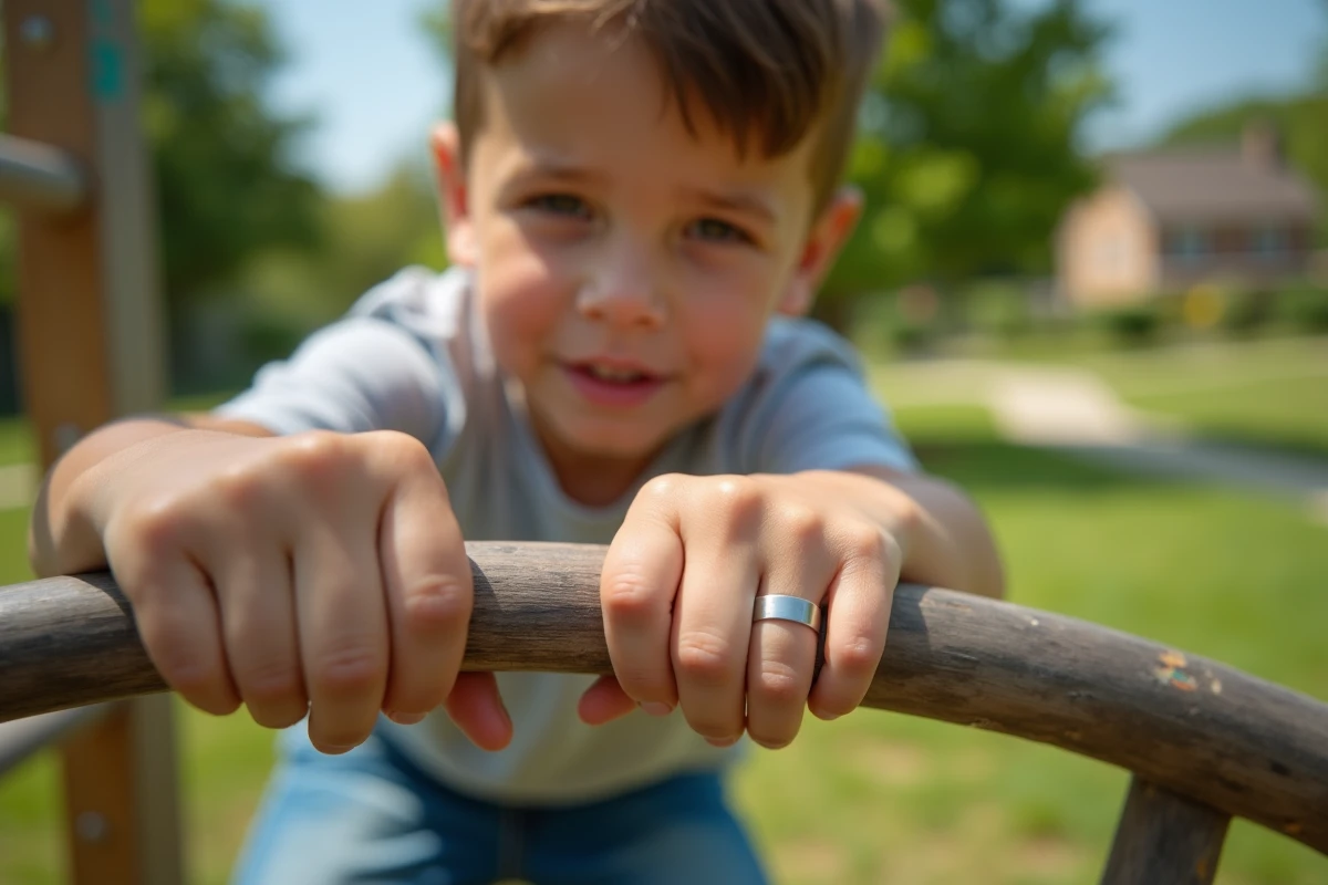 Jeune garçon portant une bague en acier inoxydable résistante lors d'une activité en plein air sur une structure de jeu en bois