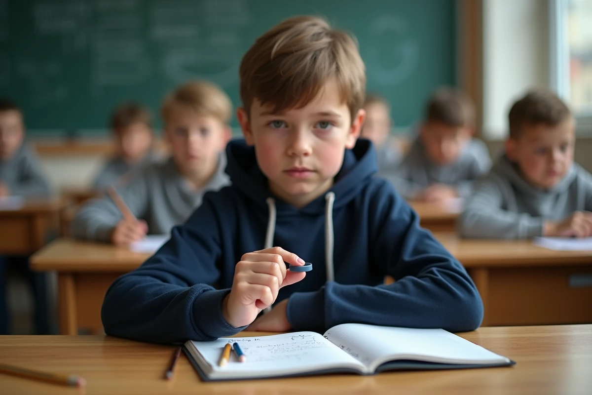 Garçon en salle de classe examinant une bague adaptée aux enfants résistante aux activités scolaires quotidiennes