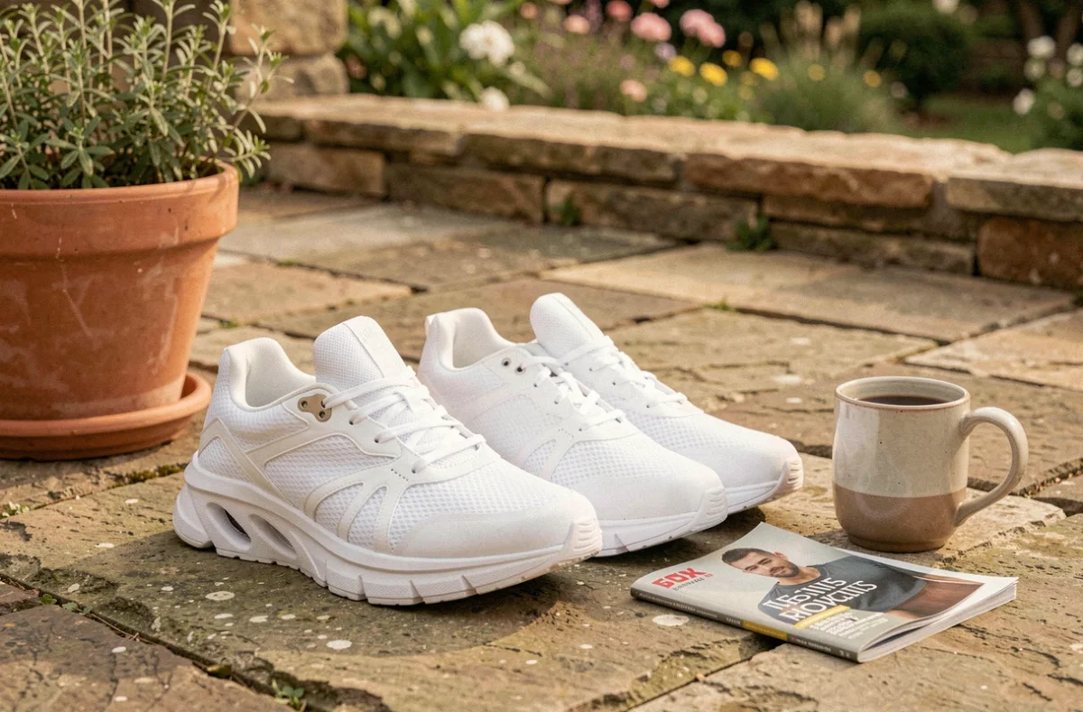 Gros plan de baskets confortables et modernes pour seniors posées sur une terrasse en pierre naturelle