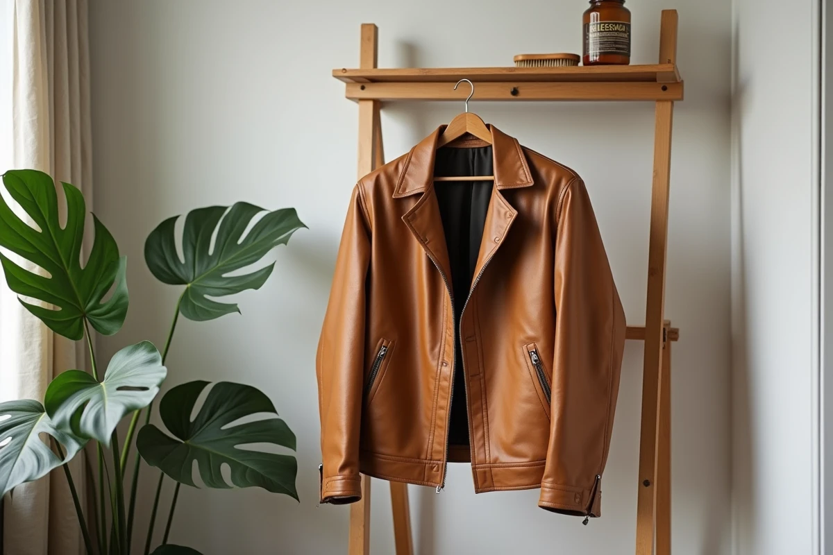 Blouson en cuir vintage beige suspendu sur un cintre avec produits d'entretien disposés sur une étagère