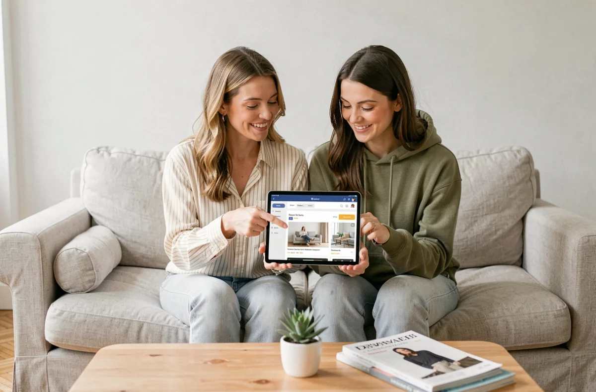 Deux femmes parcourant ensemble des annonces de bonnes affaires sur une tablette à la maison