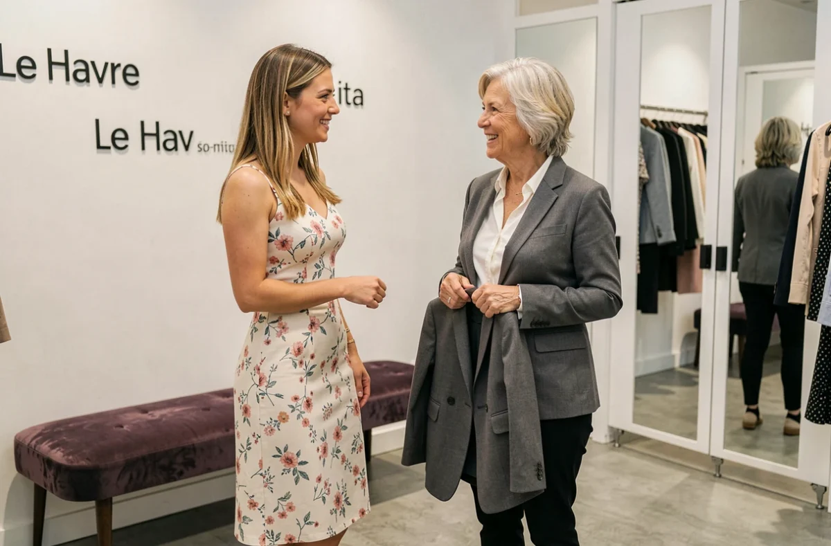 Deux femmes essayant des vêtements dans une boutique de mode tendance au Havre en Seine-Maritime