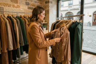 Femme élégante feuilletant une collection de prêt-à-porter féminin dans une boutique de mode à Rouen en Seine-Maritime