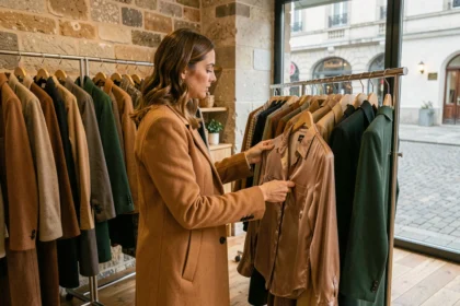 Femme élégante feuilletant une collection de prêt-à-porter féminin dans une boutique de mode à Rouen en Seine-Maritime