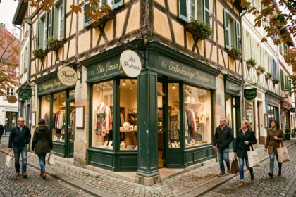 Rue commerçante du Grand Est avec des boutiques de créateurs indépendants aux vitrines soignées et façades à colombages