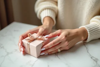 Bracelet femme personnalisable en or avec initiales gravées posé sur une boîte cadeau emballée, idée cadeau 2026