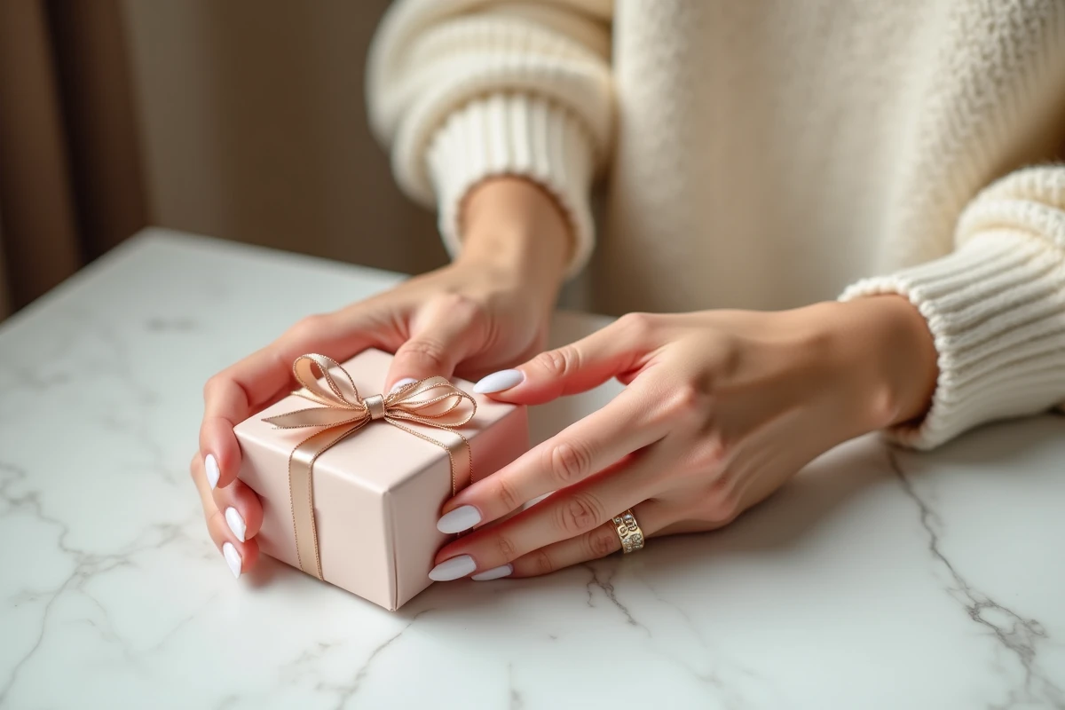 Bracelet femme personnalisable en or avec initiales gravées posé sur une boîte cadeau emballée, idée cadeau 2026