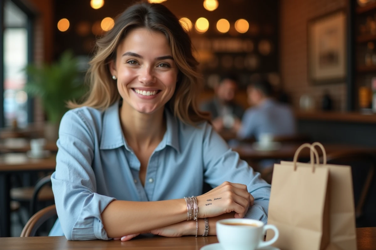 Femme souriante portant un bracelet personnalisé en argent avec gravure dans un café cosy, cadeau tendance 2026