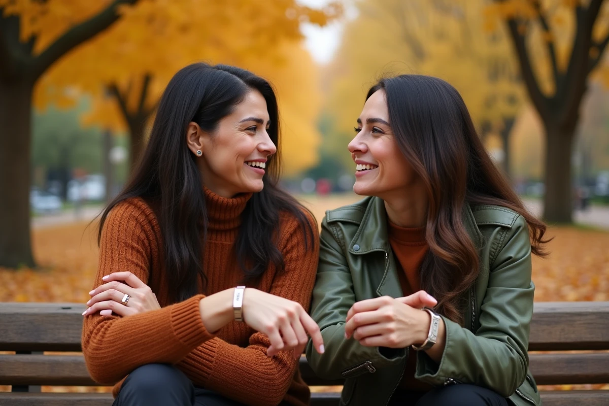 Deux femmes comparant leurs bracelets personnalisés gravés dans un parc en automne, idée cadeau tendance 2026