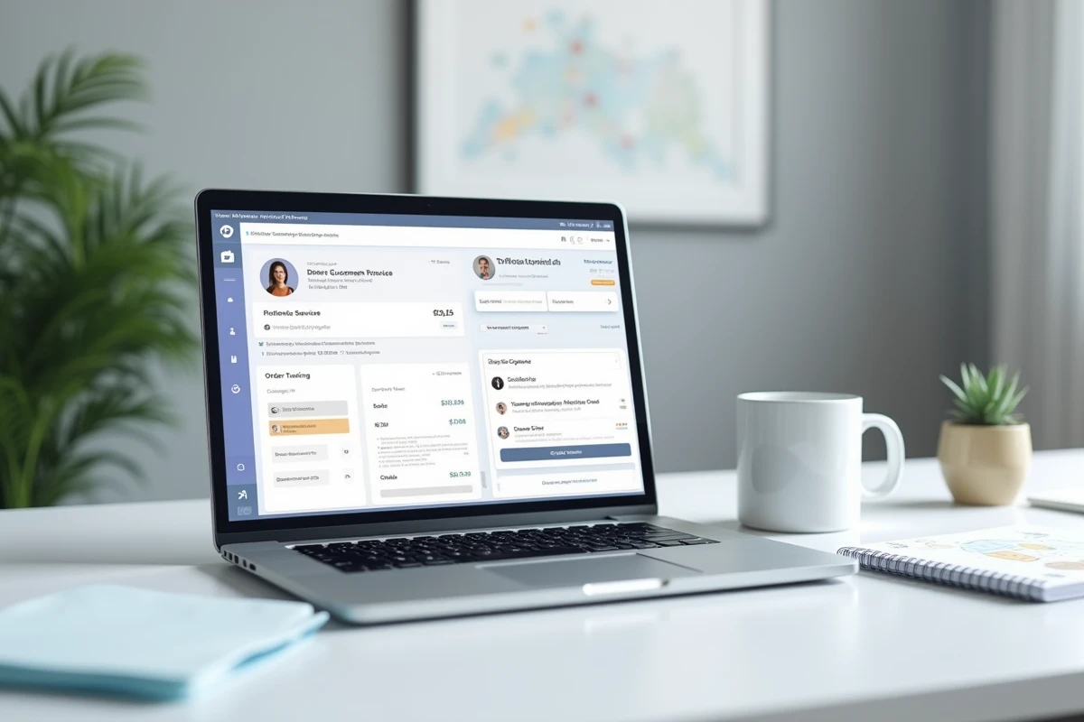 Bureau avec ordinateur portable ouvert sur une page de suivi de commande et service client en ligne pour annuler une commande