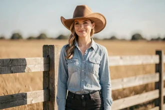 Femme aux traits ovales portant un chapeau de cowboy western en feutre beige à larges bords sur un ranch rustique, illustration de l'harmonie entre morphologie du visage et chapeau western