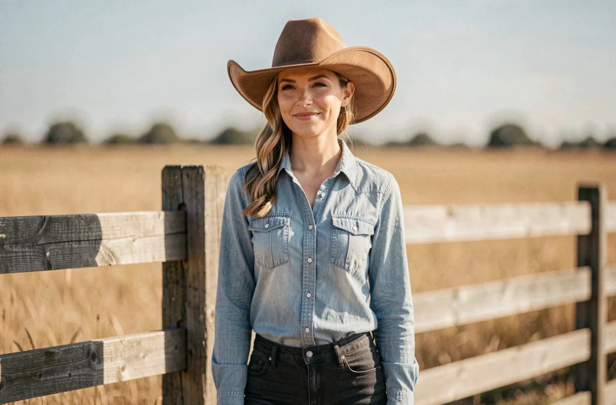 Femme aux traits ovales portant un chapeau de cowboy western en feutre beige à larges bords sur un ranch rustique, illustration de l'harmonie entre morphologie du visage et chapeau western