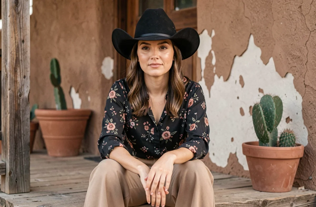 Jeune femme au visage rond portant un chapeau de cowboy western noir à haute calotte sur un porche adobe, exemple de forme de chapeau allongeant visuellement les traits ronds