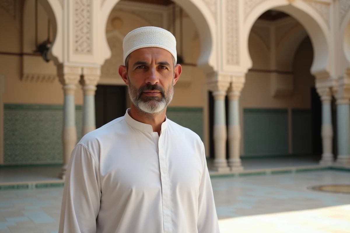 Homme portant un kufi blanc en coton dans une cour de mosquée, illustrant le chapeau musulman traditionnel pour la prière