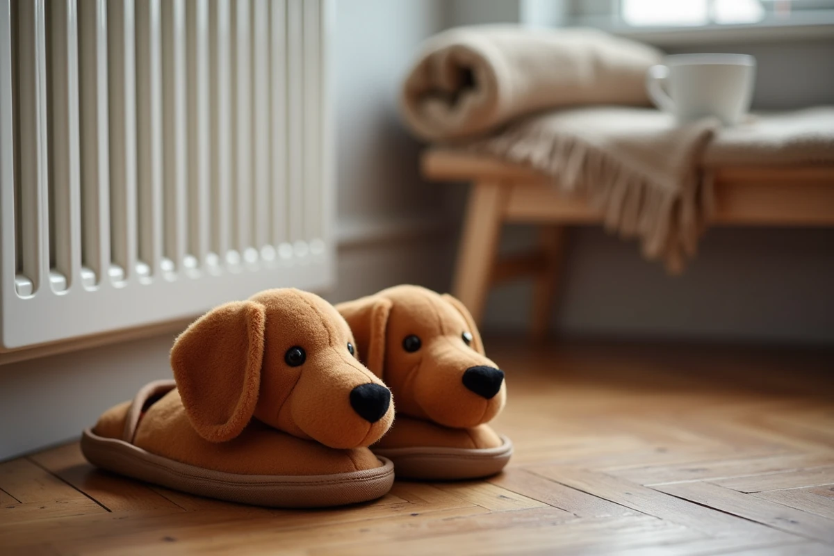 Paire de chaussons en forme de teckel marron posée sur un parquet en chevrons avec un décor intérieur scandinave cosy