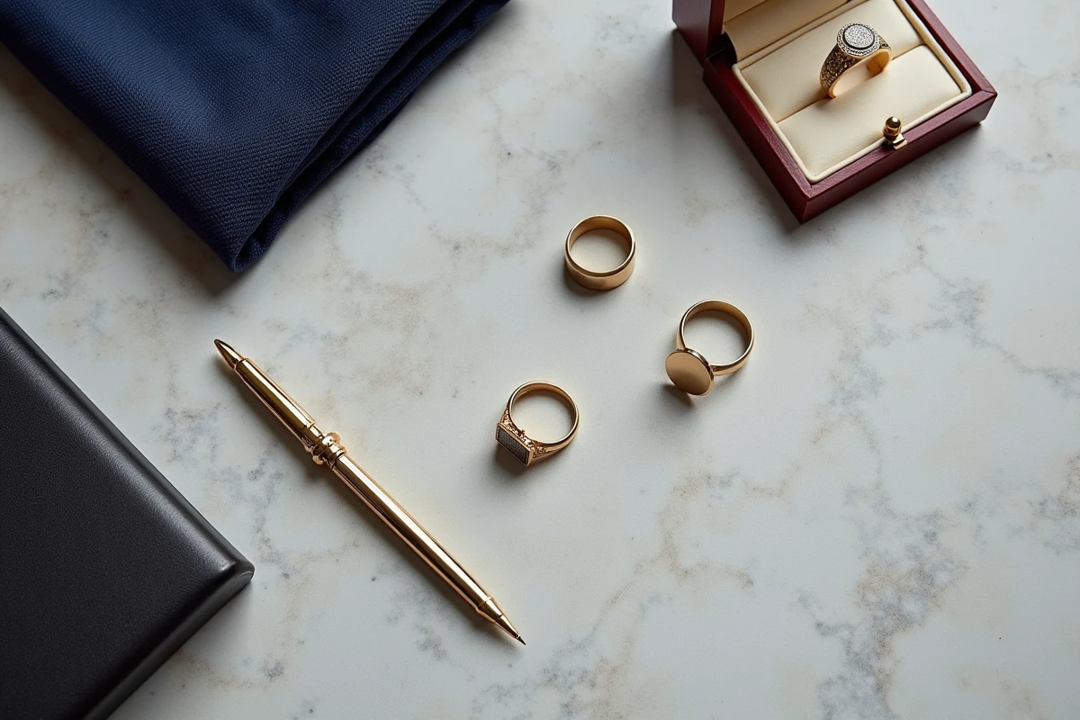 Flat lay de trois chevalières homme en or blanc sur pierre grise avec accessoires masculins raffinés