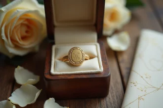 Chevalière personnalisée en or gravée d'initiales sur un écrin en bois lors d'une préparation de mariage