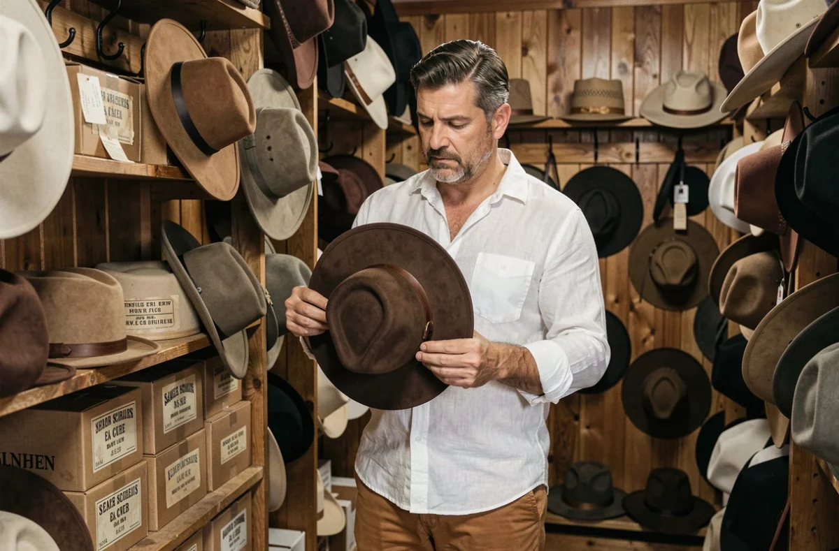 Homme à mâchoire carrée essayant des chapeaux de cowboy western dans une boutique spécialisée, guide visuel pour choisir la forme de chapeau adaptée à sa morphologie de visage