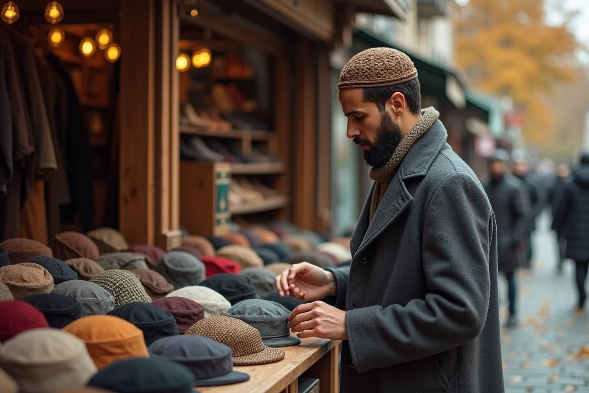Jeune homme choisissant un chapeau de prière musulman en laine dans un marché extérieur en automne, comparant différentes matières saisonnières