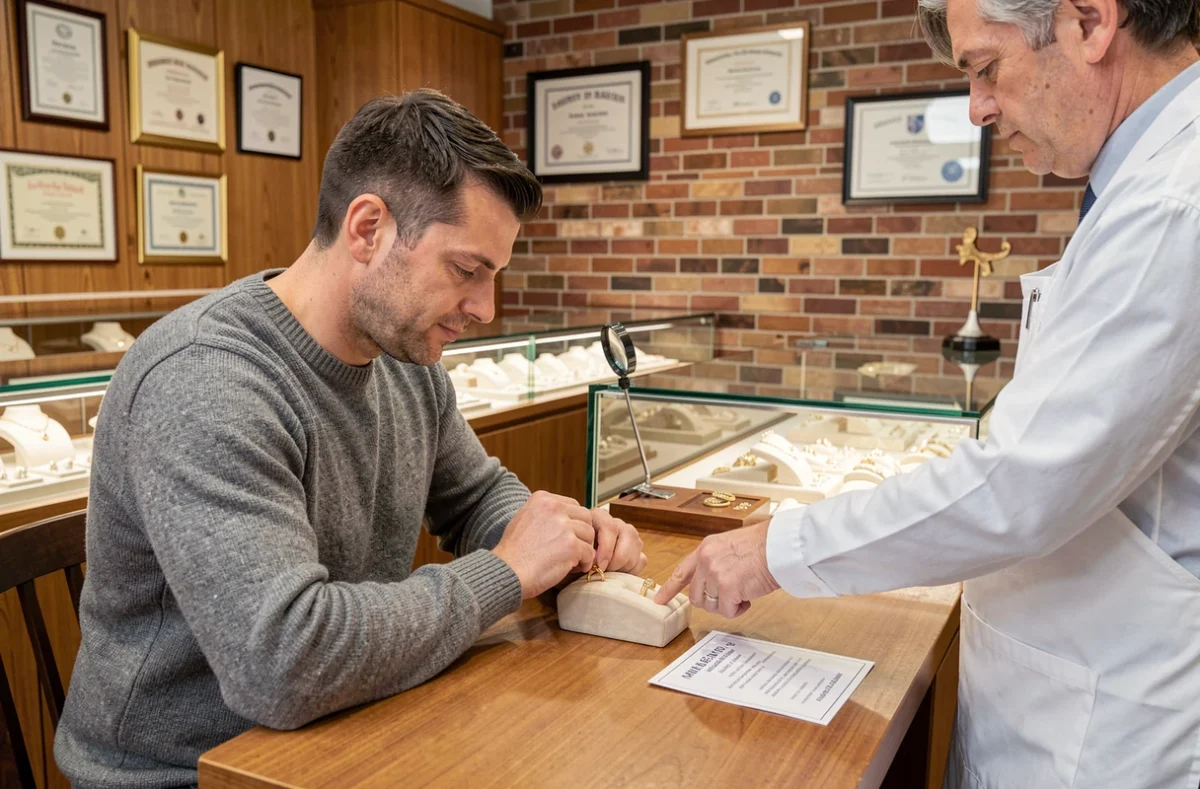 Client examinant une bague avec une loupe en présence d'un bijoutier professionnel dans une boutique