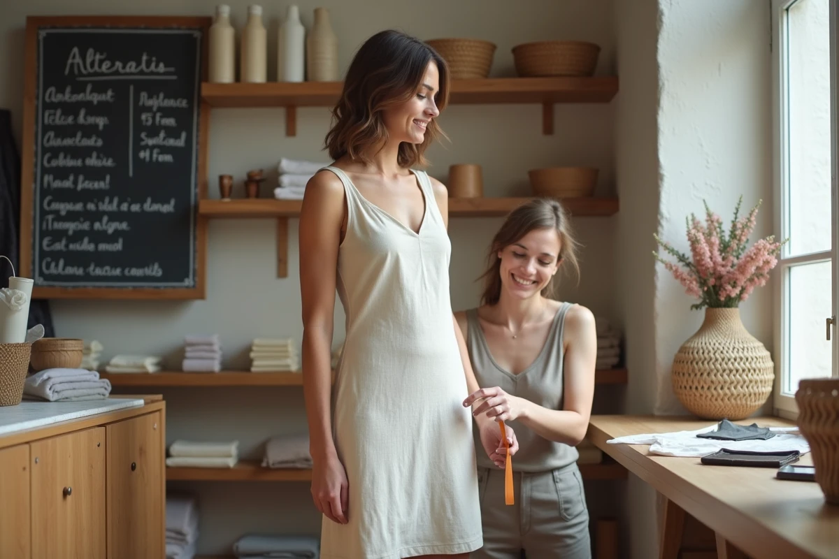 Cliente en robe lin essayant une retouche d'ourlet avec une couturière dans une boutique de retouches à Toulouse
