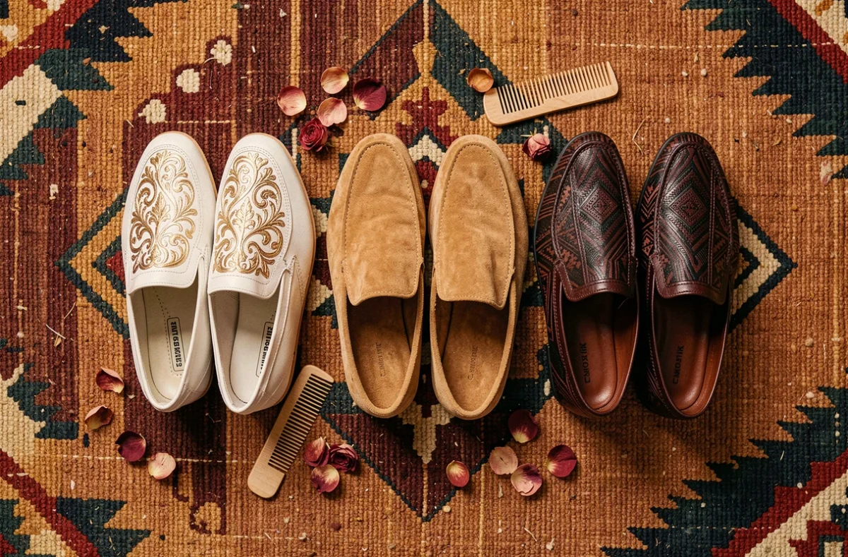Vue en plat-lay de trois paires de babouches pour homme marocaines aux styles variés, disposées sur un tapis kilim aux motifs traditionnels.