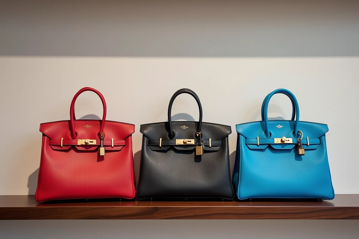 Trois sacs Hermès Birkin 30 en cuir rouge, noir et bleu électrique alignés sur une étagère en bois dans une galerie de revente de luxe
