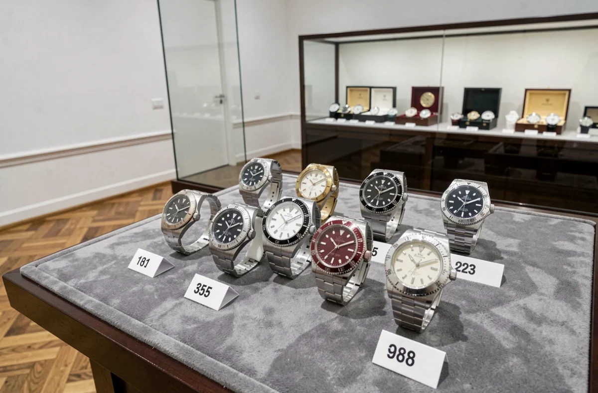 Plusieurs références de Rolex Daytona exposées sur un plateau velours lors d'une vente aux enchères horlogère