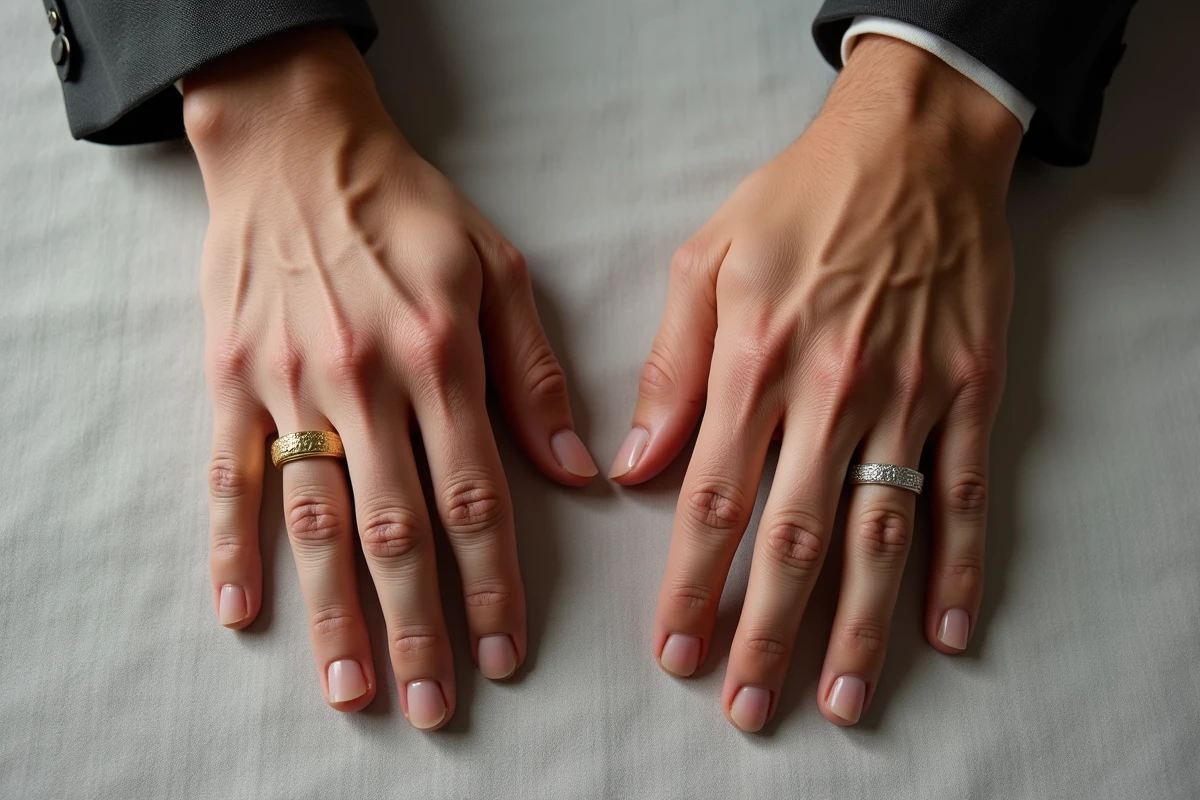 Comparaison côte à côte d'une bague Cartier Love authentique et d'une contrefaçon sur tissu lin, détails des vis et finitions visibles