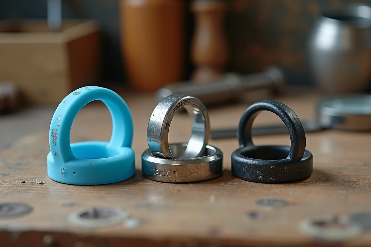 Comparaison de trois bagues enfant garçon résistantes en silicone, acier inoxydable et métal caoutchouté montrant leur durabilité