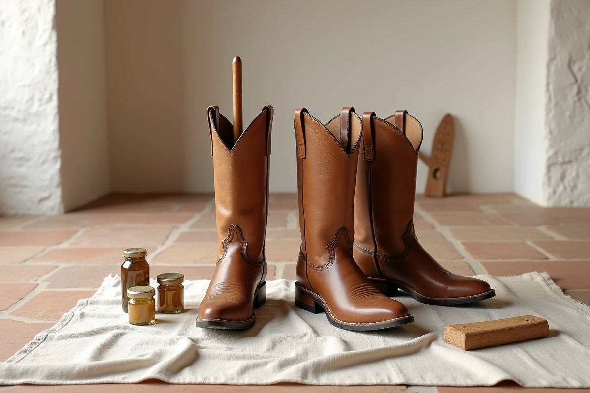 Comparaison de deux paires de bottes western en cuir avant et après entretien et cirage